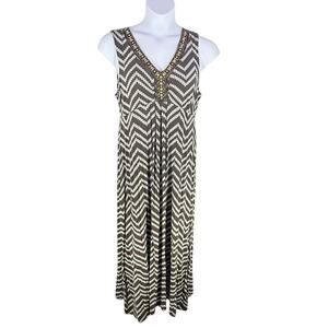 VTG Chicos Y2k size 2 Large brown white beaded maxi dress resort beach retro USA